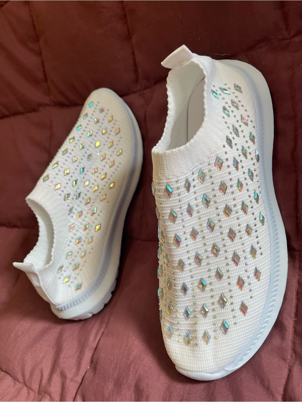 Women's White Slip-On Rhinestone Knit Sneakers